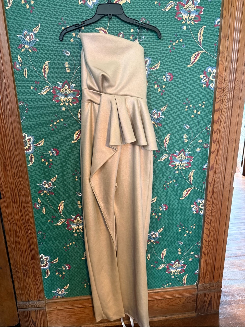Strapless Gold Evening Dress with Draped Ruffle Detail & Leg Slit